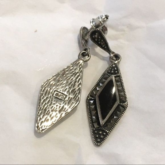 Sterling Silver Marcasite Onyx Drop VTG Earrings - Picture 11 of 14